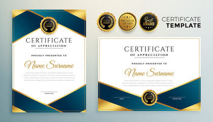 blue and golden diploma certificate template design