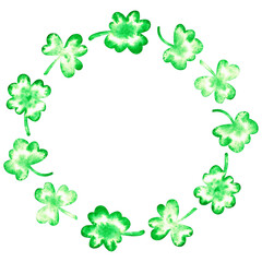 Fototapeta premium A wreath of clover spots. St. Patrick's Day. Watercolor illustration. Isolated on a white background.