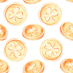 Seamless pattern of coins. St. Patrick's Day. Watercolor illustration.Isolated on a white background