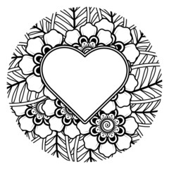 Mehndi flower with frame in shape of heart. decoration in ethnic oriental, doodle ornament.