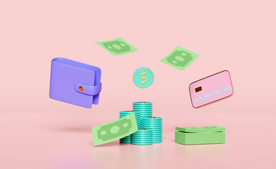 pile stacked dollar coin with wallet, banknotes, credit card isolated on pink background. online shopping, cashless payment concept, 3d illustration, 3d render