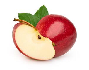 Red apple with leaves and slices isolated on white background.