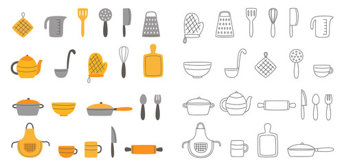 Set of black and white and colorful kitchen utensils. Vector illustrations.