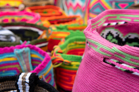 Image of Wayu bags made by artisans in colombia, south america. Colorful piece Handmade. High quality photo
