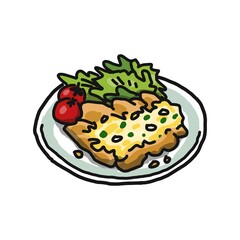 お皿に盛りつけられたチキン南蛮のイラスト。レタスとミニトマトが添えられています。す。