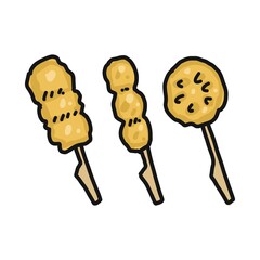 串カツのイラスト。左から豚ヒレ、うずら、れんこんの串カツです。