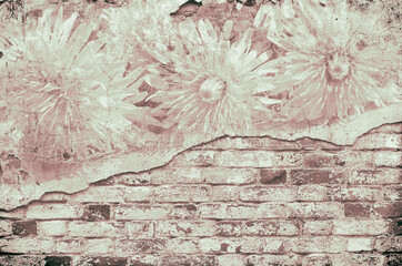 vintage brick wall background with flowers