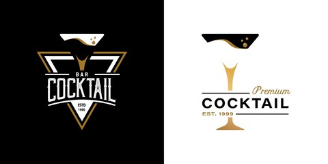 Vintage Retro Style for Cocktail Glass Logo Design. With gold color on black background. Premium and Luxury Logo Template