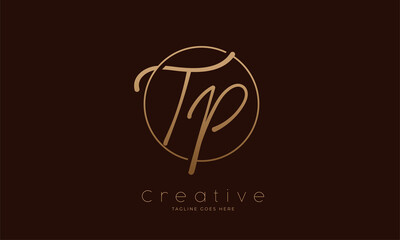 Initial TP Logo. hand drawn letter TP in circle with gold colour. usable for business. personal and company logos. vector illustration