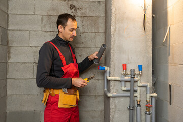 building, profession and people concept - builder or plumber working with water pipes in boiler room