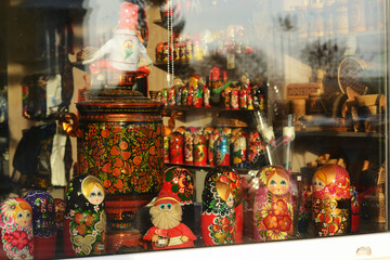 Show-window of shop with russian traditional national toys
