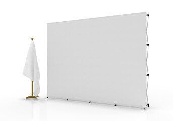 Exhibition Wall Banner Diplays Wall isolated on a white background with hanging flag on the side. 3d render for illustration and mockup assets.