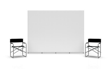 Exhibition Wall Banner Cloth Straight Display Stand with a Directors Chair on either side, 3D render for mockup and illustrations.