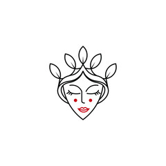 Beautiful woman's face logo design template. Hair, girl , leaf symbol. Abstract design concept for beauty salon, massage, magazine, cosmetic and spa. Premium vector icon.