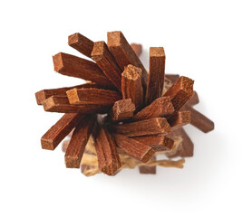 sandalwood sticks isolated on white background, top view
