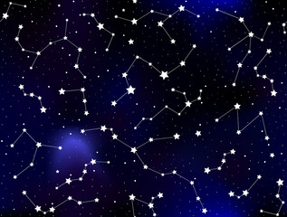 Decorative astronomy vector seamless texture with constellations over starry sky 