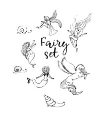 Set of Mythological animals. mermaids, fairies, pegasus, snails. Engraved hand drawn antique old vintage sketch.