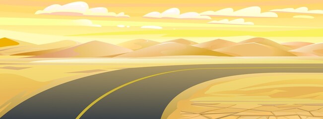 Desert road. Landscape of southern countryside. Morning of hot day. Gold hot morning. Cool cartoon style. Large dunes and hills. Vector