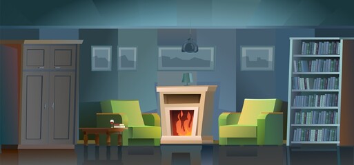 Room interior with fireplace, armchairs, wardrobe and bookshelves. Night time and darkness. Cozy living room with furniture and paintings. Nice cartoon style design. Vector