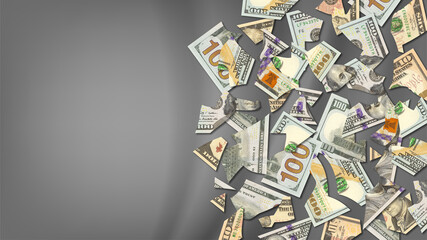 Fototapeta na wymiar Economic crisis poster. Broken pieces of USA money on a wavy gray background. Parts of US 10 and 100 dollars banknotes with shadows