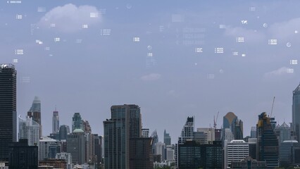 Business data analytic interface fly over smart city showing alteration future of business intelligence. Computer software and artificial intelligence are used to analyze big data for strategic plan .