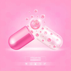 Vitamin B4 pink serum capsule. Vitamin complex with Chemical formula from nature. Beauty treatment nutrition skin care design. Medical concepts. 3D Realistic Vector EPS10.