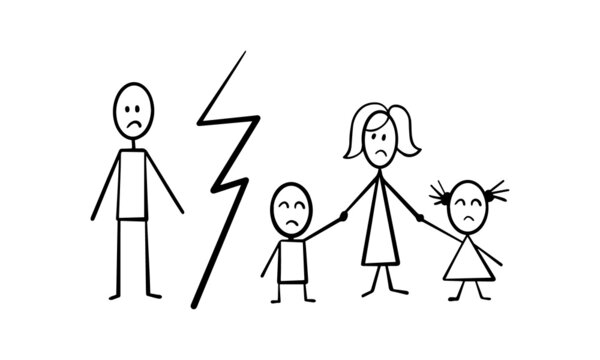 Family stick figures with lightning between members. Children separated from their father. Simple hand drawn divorce concept. Vector illustration.