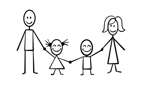 Happy family concept. Parents and their children stick figures isolated on white background. Vector illustration.
