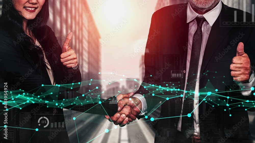 Poster conceptual business handshake with dashboard for financial data analysis . 3d render computer graphi
