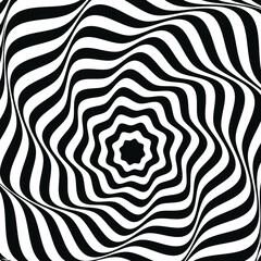 Black white line distortion . Optical illusion effect. Geometric art style. Vector illusive background, texture. 