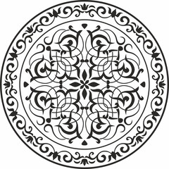Vector round monochrome floral european national pattern. Ethnic circle ornament of Ancient Greece, Roman Empire.
