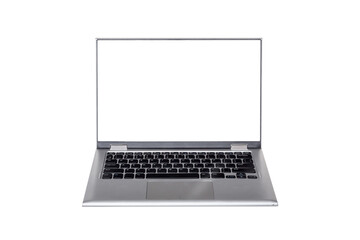 Fototapeta premium Silver metallic open laptop with empty screen, front view, isolated on white.