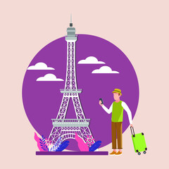 Fototapeta na wymiar Man with green cap going to Eiffel Tower in Paris. Travelling day. Vector colorful illustration.