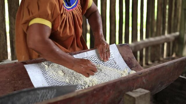 Indigenous woman of the siona culture in Ecuador grating yuca to make bread