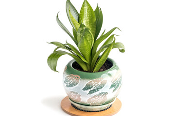 In a ceramic pot with soil, a home decorative perennial Sansevieria flower, on a white background. 