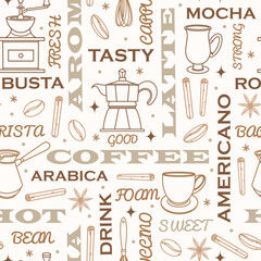 Coffee attributes seamless vector pattern. Hand-drawn illustration on a light background. Accessories for brewing a drink - coffee maker, turk, cup, cinnamon. Vintage template with text