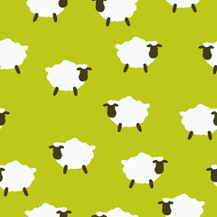 A simple pattern of sheep. Light green background, cute white sheep. The print is well suited for textiles, packaging and Wallpaper.