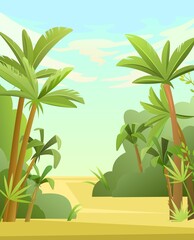 Palm trees in tropical forest. Sand. Jungle leaves. Beautiful summer landscape. Vector.