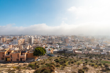 View of the city from the viewpoint of Cerro San Cristobal in the town of Almeria, Andalusia. Spain. Costa del sol in the mediterranean sea