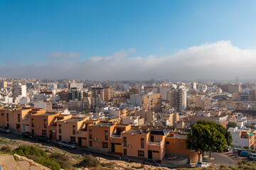 View of the city from the viewpoint of Cerro San Cristobal in the town of Almeria, Andalusia. Spain. Costa del sol in the mediterranean sea