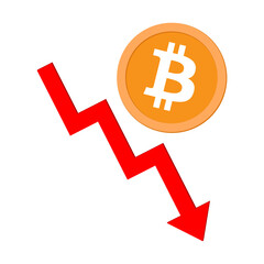 Cryptocurrency Crash vector illustration. Bitcoin price collapses, crypto downtrend prices dip and fall down. Stock market loss and high risk. Crypto drop in the market. Bearish candle and red arrow.