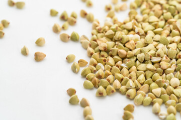 Buckwheat noodles on a plain white background