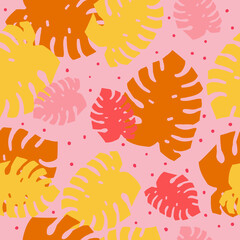 Seamless vintage pattern. Pink, orange and yellow leaves of monstera. Pink dots. Light pink background. vector texture. fashionable print for textiles, wallpaper and packaging.