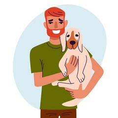 Men with dog, best friends, walk with pets, color flat illustration