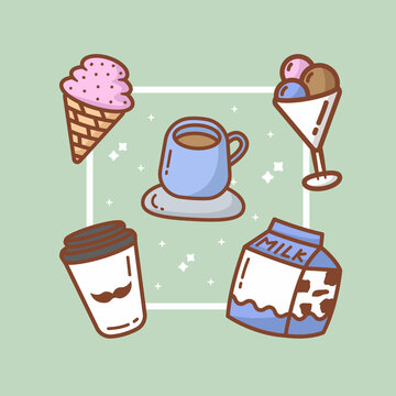 Ice cream beverage and cup of coffee kawaii doodle illustration