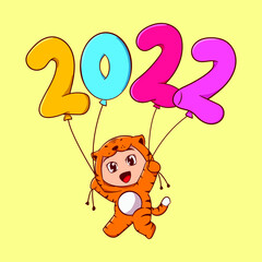 cute kids character holding balloon text 2022 with tiger costume