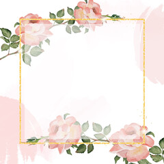 watercolor english rose with golden luxury square frame with copy space for text