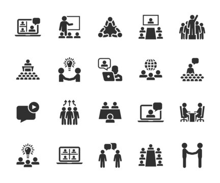 Vector set of meeting flat icons. Contains icons video conference, seminar, teamwork, online meeting, webinar, leader, partnership, international meeting, conference and more. Pixel perfect.
