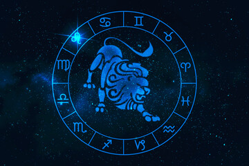 Leo horoscope sign in twelve zodiac with galaxy stars background