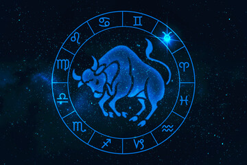  Taurus horoscope sign in twelve zodiac with galaxy stars background